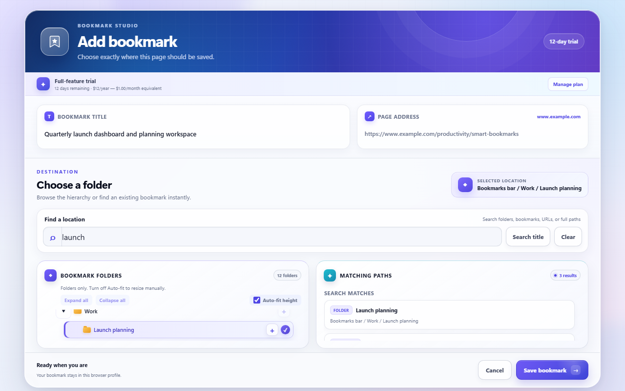 Better Bookmarks showing folder and bookmark search results